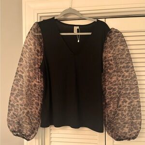 Hayden Jersey Knit V-Neck Top with Long Sleeved Sheer Leopard Print Size L